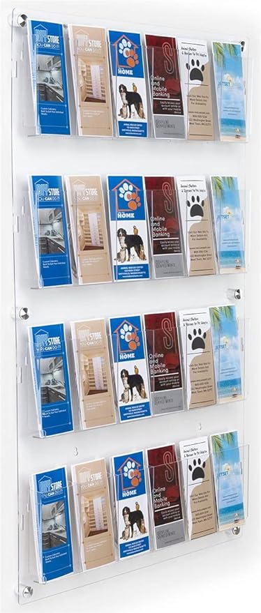 Displays2go Acrylic Brochure Rack, Wall-Mount, 4-Tiered, 12 to 24 Adjustable Pockets - Clear (2RP12CLR)