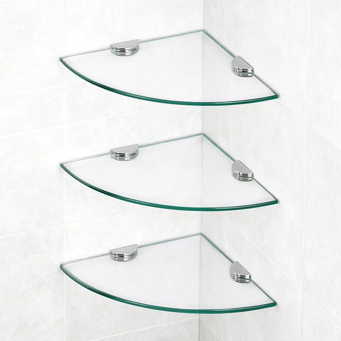 3 Pack Glass Corner Shower Shelves, Tempered Floating Glass Shelves Wall Mount, Shower Caddy Organizer, Bathroom Corner Shelf with Zinc Alloy Brackets for Bathroom, Kitchen, Living Room
