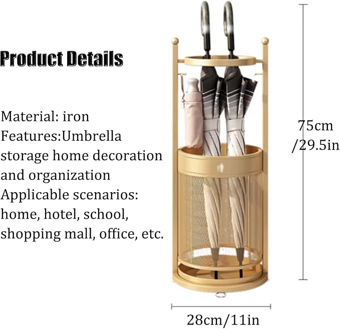 Commercial Metal Umbrella Stand Holder Indoor Large-Capacity Umbrella Stand Racks with Removable Drip Tray Entrance Umbrellas Organizer Freestanding Umbrella Basket for Home Office Entryway.(Gold)