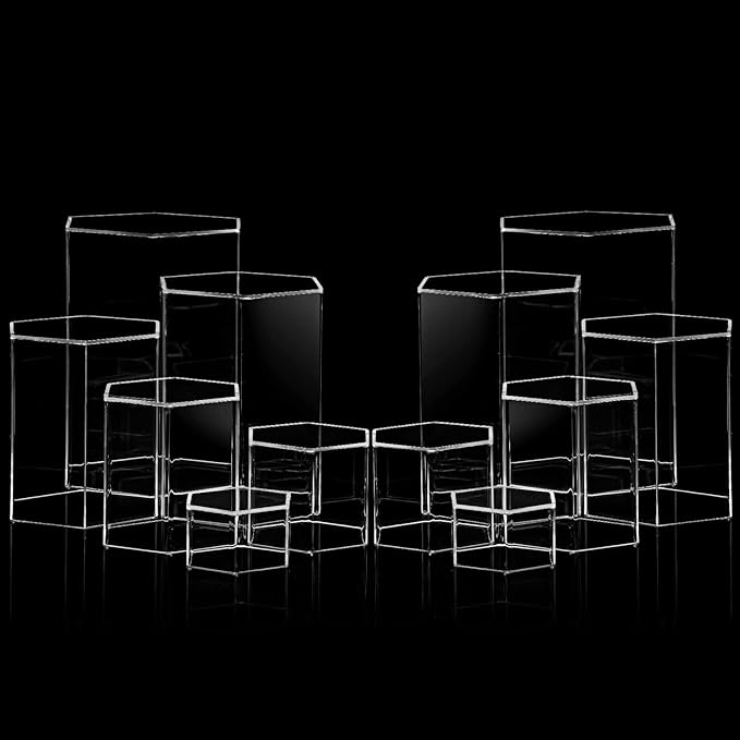 Jetec 12 Pcs Hexagonal Jewelry Display Risers Hexagonal Market Display Risers Stands Acrylic Showcase Acrylic Stand for Jewelry Model Figures Decoration, 6 Sizes (Clear)