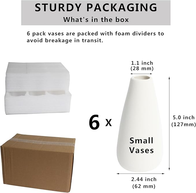 YANLING 6 Pack Small White Vase for Home Decor, 5 inch Modern Ceramic Vases for Pampas Grass, Boho Vase White Vases for Dried Flowers, Wedding Dinner Table Party