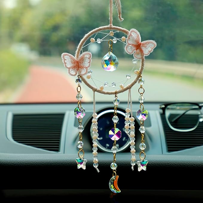Artilady Dream Catcher for Girls - Pink Butterfly Small Moon Dream Catchers with Crystals Cute Room Decor for Teen Girls Boys Boho Bedroom Wall Home Decorations Birthday Christmas Kids Gifts