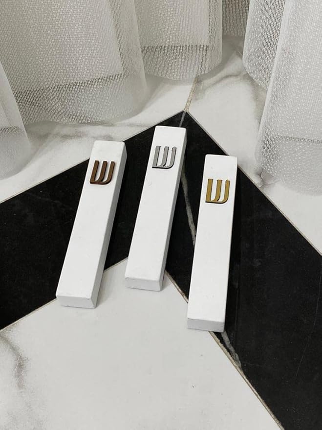 A&S Mezuzot Modern Concrete Mezuzah Case with Scroll, Easy Peel and Stick Mezuza (Ivory+ Silver Shin, 5 Inches)