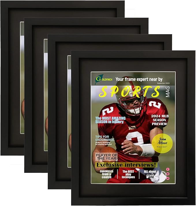 Goldfinch 4 Packs Sports Magazine Frame Displays Magazines Measuring 8.5 x 11.25 or 8.25 x 11 inches with Double Black Core Matting, Deep Frame Moulding, with Installed Hangers