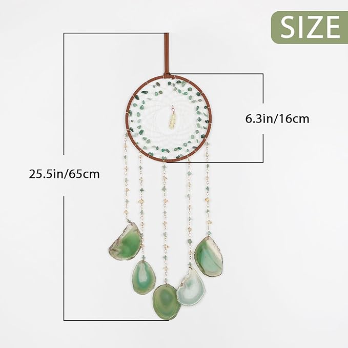 Green Aventurine Gemstone Agate Large Dream Catcher Chakra Dream Catcher with Crystals Handmade Dreamcatcher Wall Decor for Adults Boys Girls Bedroom Garden Bless Gift