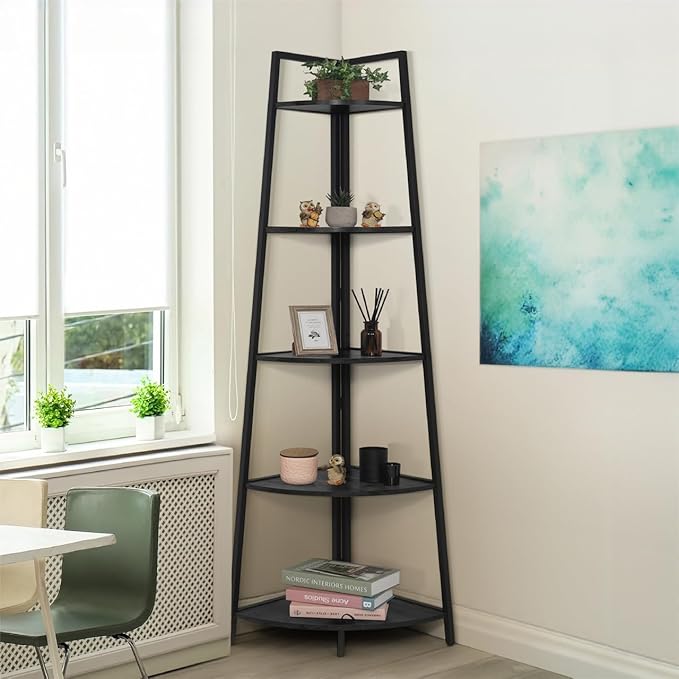 CAPHAUS Tall Corner Shelf Stand, 5-Tier Display Shelves, Ladder Corner Wood Storage Plant Bookshelf with Metal Frame, Versatile Shelving Unit Bookcase for Home Office Space, Black
