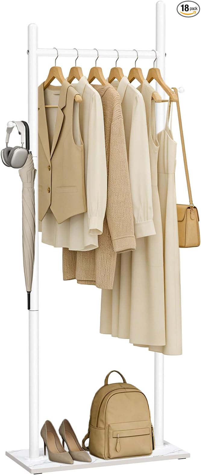 Nianerfaya Coat Rack with 2 Hooks, Standing Garment Storage for Indoor - Coat Tree for Hanging Clothes for Bedroom - 19.7" Wide Heavy Duty Clothe Rack Metal Clothing Hanger Rack (White)