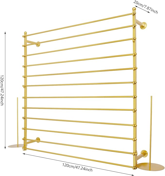 12 Layers 120cm Gold Wall Display Stand Wrapping Paper Ribbon Organizer Holder Storage Scarf Tie Belt Towel Spool Sewing Tool Hijab Metal Shelving for Home, Retail Stores, Flower Shop, Studio