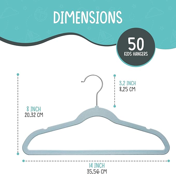 50 Premium Kids Velvet Hangers - 14" Non-Slip Ultra Slim Space-Saving Clothes Hangers with 360° Swivel Hook - Strong & Durable Hangers for Children & Preteens Wardrobe - Blue