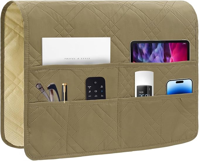 Couch Armrest Organizer Remote Control Holder Bedside Caddy with 6 Pockets, Non-Slip Armchair Caddy Sofa Armrest Organizer for Tv Remote Control, Magazine, Cell Phone, Dark Khaki