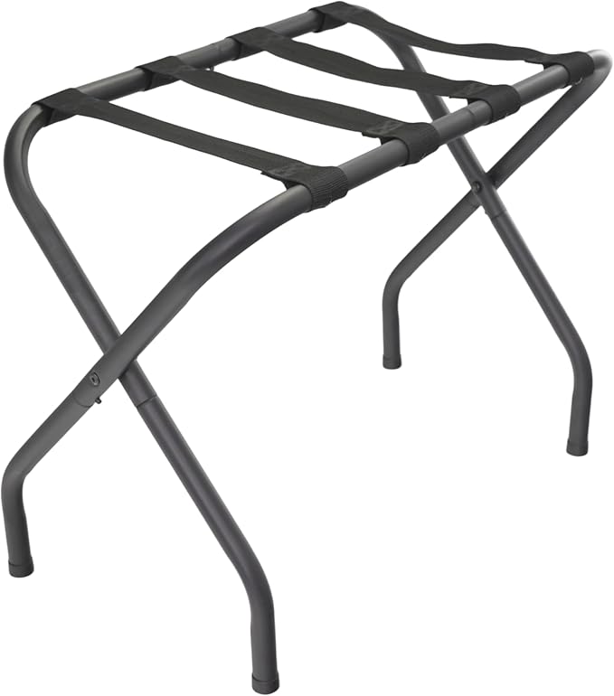 Folding Luggage Rack with Nylon Straps, Portable Suitcase Stand for Guest Room, Hotel, Bedroom, Camping, Travel Suitcase Holder, Black Metal Frame, 27.5 x 14.2 x 20.7 Inches