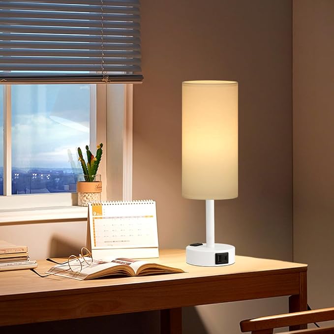 Fenmzee Matte White Bedside Table Lamp for Bedroom - 3 Way Dimmable Touch Lamp USB C Charging Ports and AC Outlet, Small Lamp Round Flaxen Fabric Shade for Living Room, Desk, LED Bulb Included