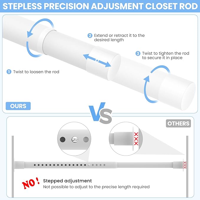 2 Pack Closet Rods for Hanging Clothes, 17 to 69 Inch Heavy Duty Stepless Adjustable Closet Hanging Rod, 1.3 Inch Diameter Metal Closet Rod for Wardrobes Laundry Bedroom RV, White