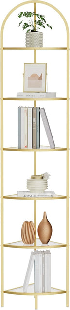 Homhedy 6-Tier Corner Shelf Stand, Metal Corner Bookshelf, Tempered Glass Shelves, Bathroom Storage Rack Shelf, Plant Stand, Modern Style, Golden