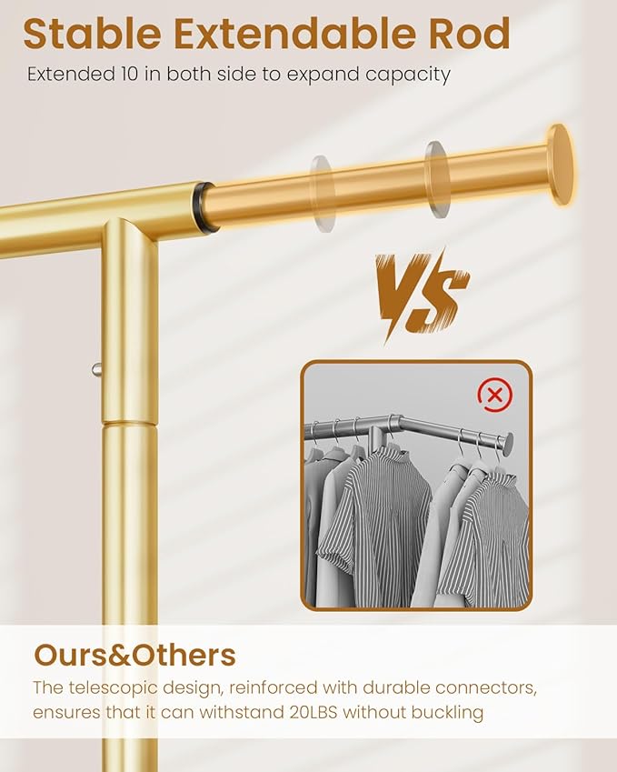 Heavy Duty Clothes Rack, Metal Clothing Rack Load 450 LBS, Rolling Coat Racks for Hanging Clothes with Lockable Wheels, Wardrobe Closet Garment Racks for Bedroom, Gold