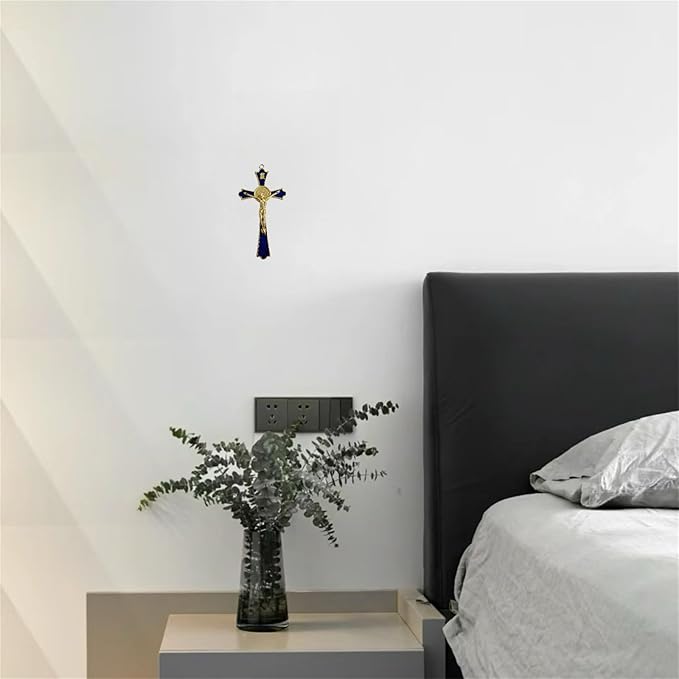 BONITTER Golden St Benedict Crucifix Metal Wall Art, 7.8x4.1 Inch Cross, Blue/White/Black/Red Wall Decor, Saint Benedic Cross for Home Decoration, Catholic Gift (Blue)