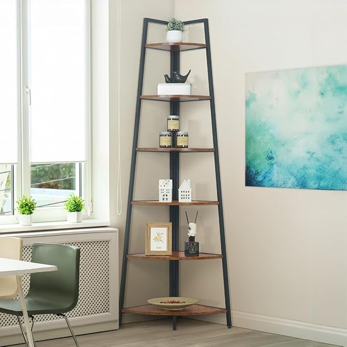 CAPHAUS Tall Corner Shelf Stand, 6-Tier Display Shelves, Ladder Corner Wood Storage Plant Bookshelf with Metal Frame, Versatile Shelving Unit Bookcase for Home Office Space, Rustic Oak