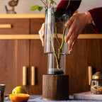 Artistic Wood Glass Vase, 10" H, Wooden Base Cylindrical Flower Vase, Classic Boho Rustic Style for Fireplace Bedroom Kitchen Living Room Centerpieces Office Desk