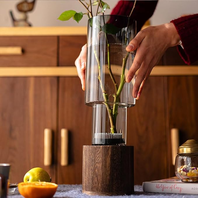 Artistic Wood Glass Vase, 10" H, Wooden Base Cylindrical Flower Vase, Classic Boho Rustic Style for Fireplace Bedroom Kitchen Living Room Centerpieces Office Desk