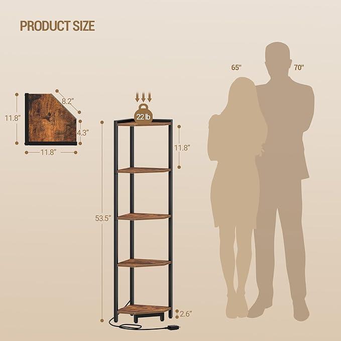 Hzuaneri Corner Shelf with LED Light, 5-Tier Corner Bookshelf, Tall Narrow Display Bookcase with Metal Frame, Standing Shelf for Small Space, Living Room, Home Office, Bedroom, Rustic Brown CS66501B