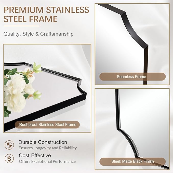 ANDY STAR 30x48 Inch Mirror, Matte Black Bathroom Vanity Mirror, Scalloped Rectangle Mirror in Premium Stainless Steel Metal Thin Frame Deep 1", Large Wall-Mounted Mirror (Horizontal/Vertical)