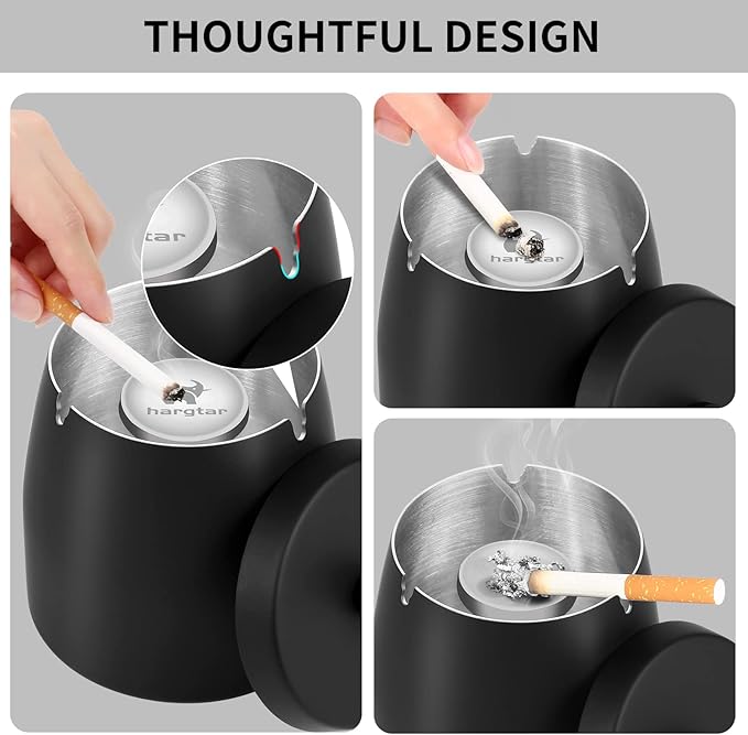 Large Ashtrays for Cigarettes Outdoor Ashtray with Lid, Outdoor Ashtrays for Cigarettes Patio, Metal Ash Tray Sets Windproof Outside Covers Iron Odorless Stainless Steel, Black Ashtray, Large