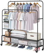 SUOERNUO Garment Rack for Hanging Clothes Rack Heavy Duty Portable with Bottom Metal Shelf Drying Coats Shirt,Black (Black+Double Rods+Shelf)