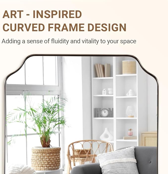 ANDY STAR 36x48 Inch Brushed Nickel Rectangle Mirror, Large Scalloped Bathrom Mirror for Wall, Rounded Notched Corner Designed, Anti-Rust Stainless Steel 1" Frame, Hangs Vertically/Horizontally