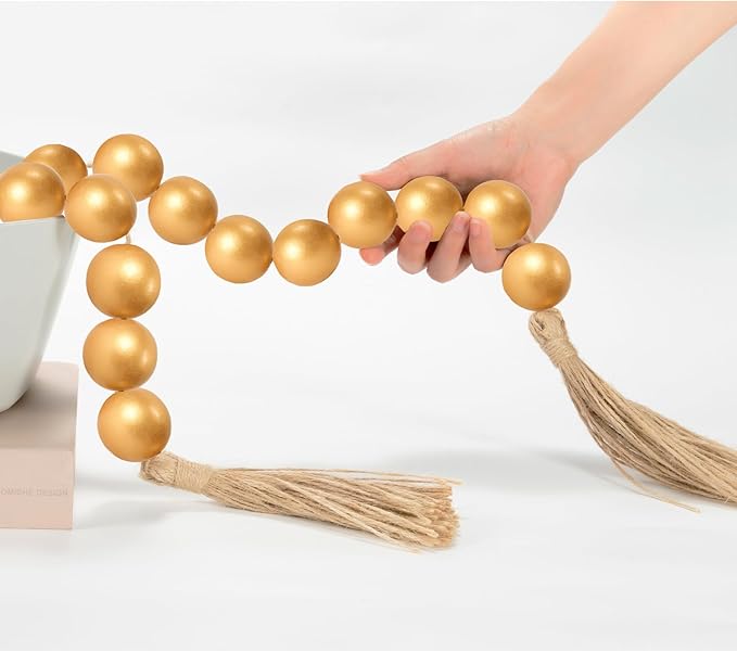 OMISHE 60" Long Extra Large Wood Bead Garland with 1.6" Diameter Wooden Beads and Tassels, Rustic Farmhouse Country Decorative Beads for Home Decor Tiered Tray Decor, Gold