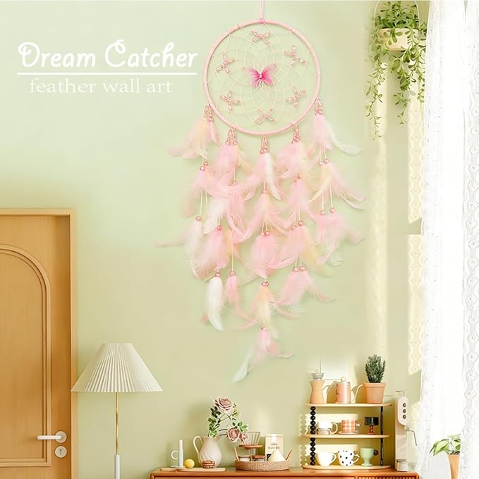 Handmade Feather Dream Catchers, Dream Catchers for Girls with Butterfly, Art Room Decoration for Kids Bedroom, Home Decoration Wedding Party Blessing Gift (Pink)