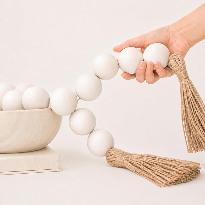 OMISHE 60" Long Extra Large Wood Bead Garland with 1.6" Diameter Wooden Beads and Tassels, Rustic Farmhouse Country Decorative Beads for Home Tiered Tray Decor, White