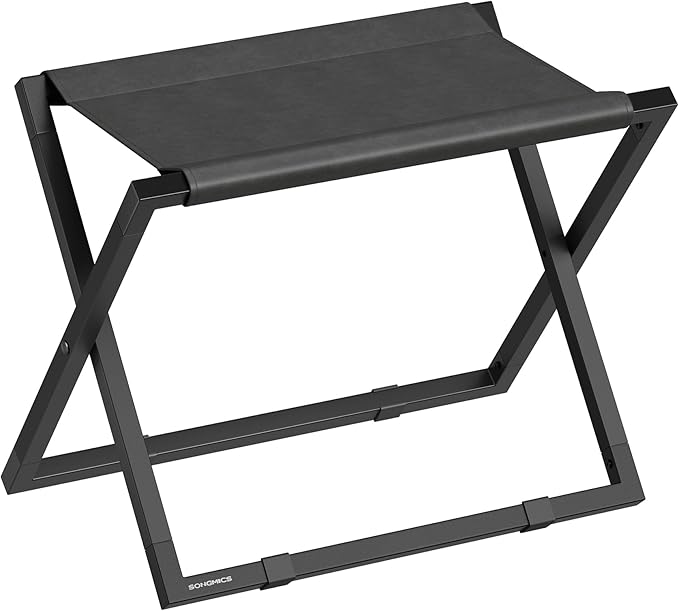 SONGMICS Luggage Rack, Foldable Suitcase Stand, Metal Luggage Holder, Synthetic Leather, Easy to Assemble, for Guest Room, Hotel, Bedroom, Ink Black and Charcoal Gray URLR009B01