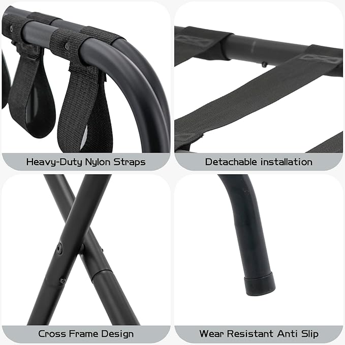 Folding Luggage Rack with Nylon Straps, Portable Suitcase Stand for Guest Room, Hotel, Bedroom, Camping, Travel Suitcase Holder, Black Metal Frame, 27.5 x 14.2 x 20.7 Inches
