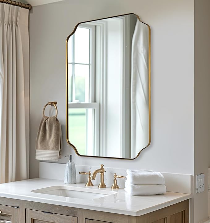 ANDY STAR 26"x38" Gold Mirror, Brushed Brass Scalloped Wall Mirror, Unique Rectangle Mirror, Bathroom Mirror in Anti-Rust Stainless Steel Metal Frame, 1’’ Deep Wall-Mounted Vertically/Horizontally
