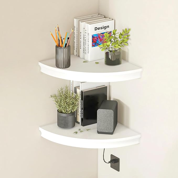 HAO Floating Corner Shelf Invisible Wall Mounted Shelves Radial Shape Cable Wire Hole Pattern Perfect for Bedroom Bathroom Living Room Kitchen Set of 2 White