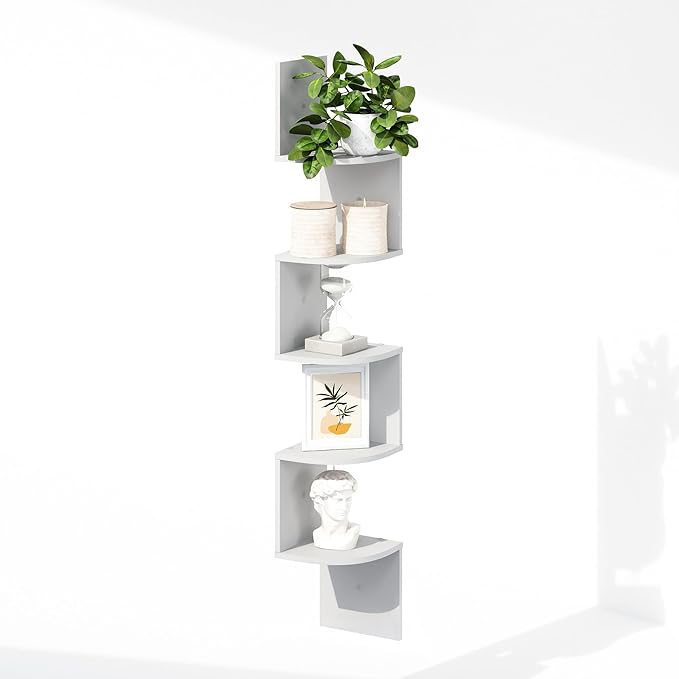 Furinno Rossi 5-Tier Floating Corner Shelf for Wall, Corner Zigzag Shelf Wall Mounted, Radial Wall Mount Shelves, for Home Office, Living Room, Bedroom, Bathroom, White