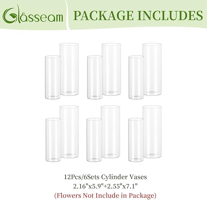 Glasseam Glass Cylinder Vase in Bulk: 12pcs Clear Small Bud Flower Vases for Centerpieces - Modern Hurricane Pillar or Floating Candle Holder for Wedding Party Table Living Room Home Decor, Tall 6"+7"