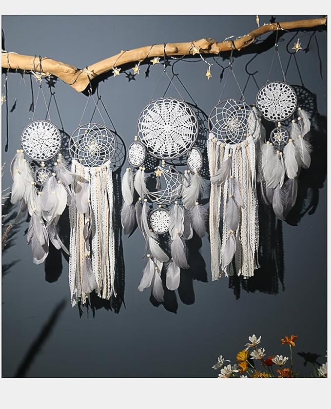 Set of 5 Boho, Hanging Large Boho Dream Catcher Wall Hanging Moon Dream Catcher Set Dream Catchers Wall Decor for Vintage Wedding Home Decorations (Black Purple)