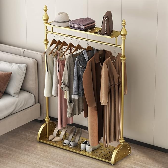Clothing Rack Gold, Industrial Clothes Rack for hanging Clothes with Double Shelves Freestanding Multi-functional Heavy Duty Garment Rack, Metal Movable Portable Coat Rack for Organizing Clothes Shoes