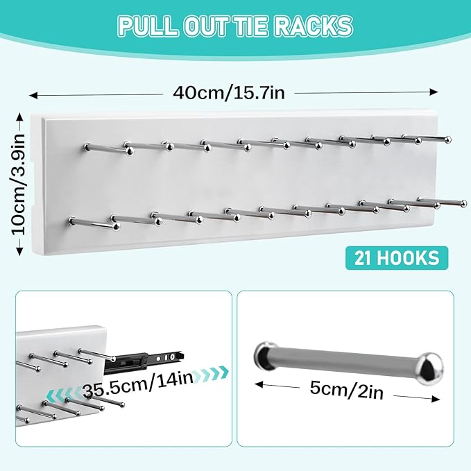Wood Pull Out Belt Rack for Closet, 21 Tie Hanger Extending Sliding Tie Rack Hanger, Side Mount Sliding Rail Organizer Storage Rack Holder with 21 Hooks for Ties Scarves Belts Shawls, White