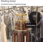 Floor Standing Belt Retail Rack, Rotating Belt Display Stand with Wheels, Metal Retail Display with Bottom Round Storage Basket, Commercial Retail Display Racks(Gold)