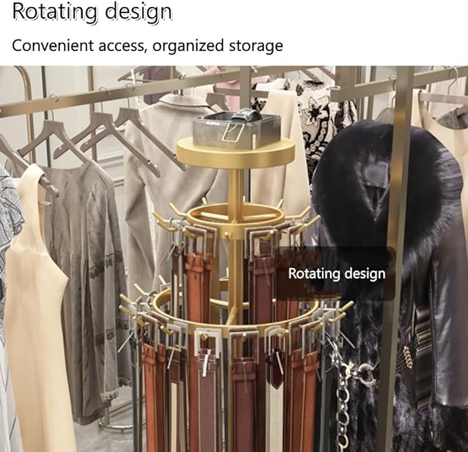 Floor Standing Belt Retail Rack, Rotating Belt Display Stand with Wheels, Metal Retail Display with Bottom Round Storage Basket, Commercial Retail Display Racks(Gold)