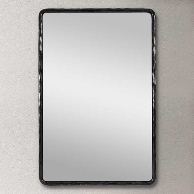 ANDY STAR Hand-Forged Black Bathroom Mirrors for Wall, 24x36 Inch Vintage Solid Steel Metal Frame Bathroom Vanity Mirror, Antique Rounded Rectangle Wall Mirror, Hangs Horizontally or Vertically