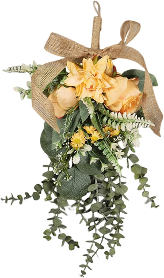 Artificial Teardrop Swag Floral Garland with Silk Flowers Ornament Handmade Reusable Suitable for Home Window, Orange