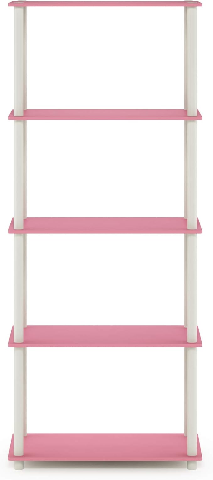 Furinno TURN-N-TUBE Storage Shelves, 5-Tier Book Shelf, Corner Shelf, Toolless Open Shelves, for Organization and Storage, Living Room, Garage, Home Office, Pink