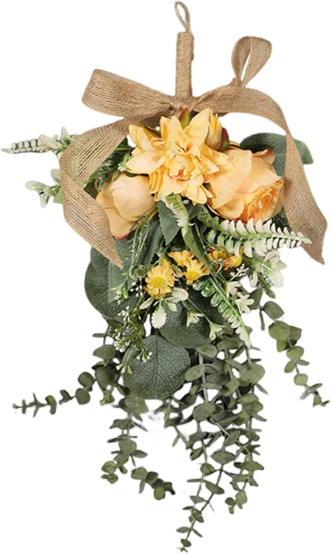 Artificial Teardrop Swag Floral Garland with Silk Flowers Ornament Handmade Reusable Suitable for Home Window, Orange