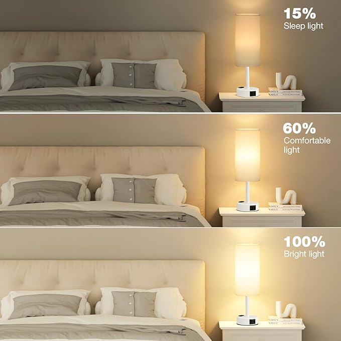 Fenmzee Matte White Bedside Table Lamp for Bedroom - 3 Way Dimmable Touch Lamp USB C Charging Ports and AC Outlet, Small Lamp Round Flaxen Fabric Shade for Living Room, Desk, LED Bulb Included