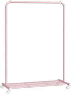 SONGMICS Clothes Rack with Wheels, Clothing Rack for Hanging Clothes, 25.4mm Metal Garment Rack with Dense Mesh Storage Shelf, 110 lb Load Capacity, 2 Brakes, Pink UHSR025P01