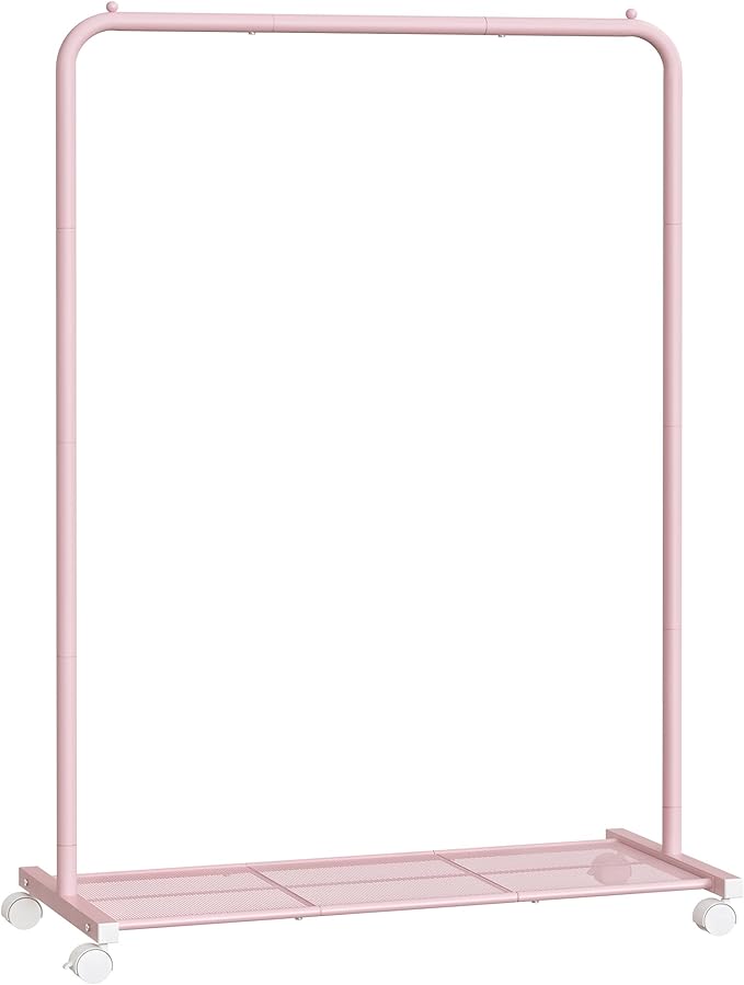 SONGMICS Clothes Rack with Wheels, Clothing Rack for Hanging Clothes, 25.4mm Metal Garment Rack with Dense Mesh Storage Shelf, 110 lb Load Capacity, 2 Brakes, Pink UHSR025P01