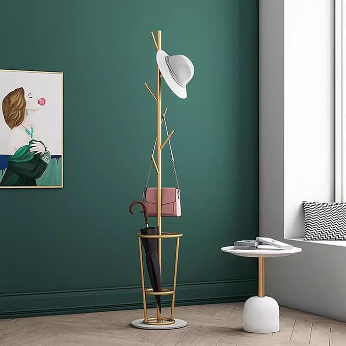 Metal Umbrella Stand with Coat Rack,Modern Umbrella Holder for Entryway,Freestanding Umbrella Rack with Marble Base,Tall Umbrella Storage for Indoor Outdoor Patio(66.9″, Gold White)